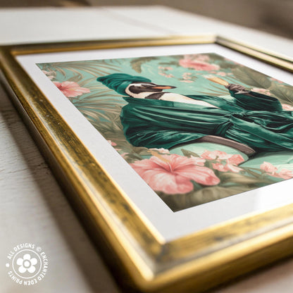 a framed print of a bird wearing a green robe and holding a pink flower, set against a background of pink and green flowers.