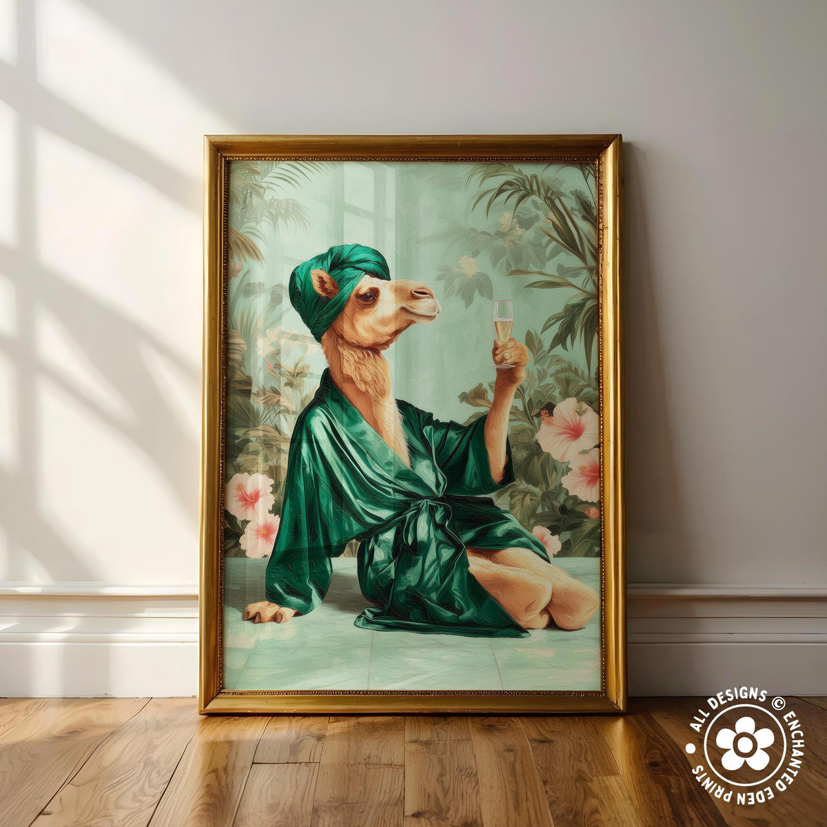 A framed painting depicting a camel wearing a green robe and holding a glass of wine, with a tropical background.