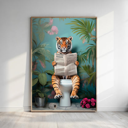 A tiger is sitting on a toilet and reading a newspaper, surrounded by a tropical plant and pink flowers.