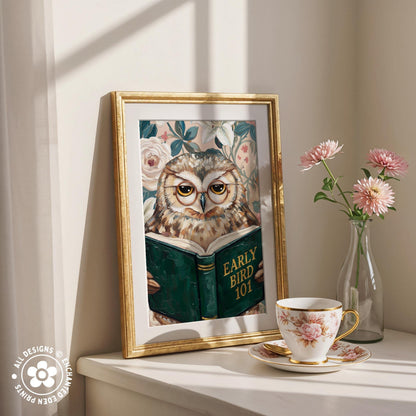 Funny Owl Reading Book Art – Quirky Bird Lover Wall Decor