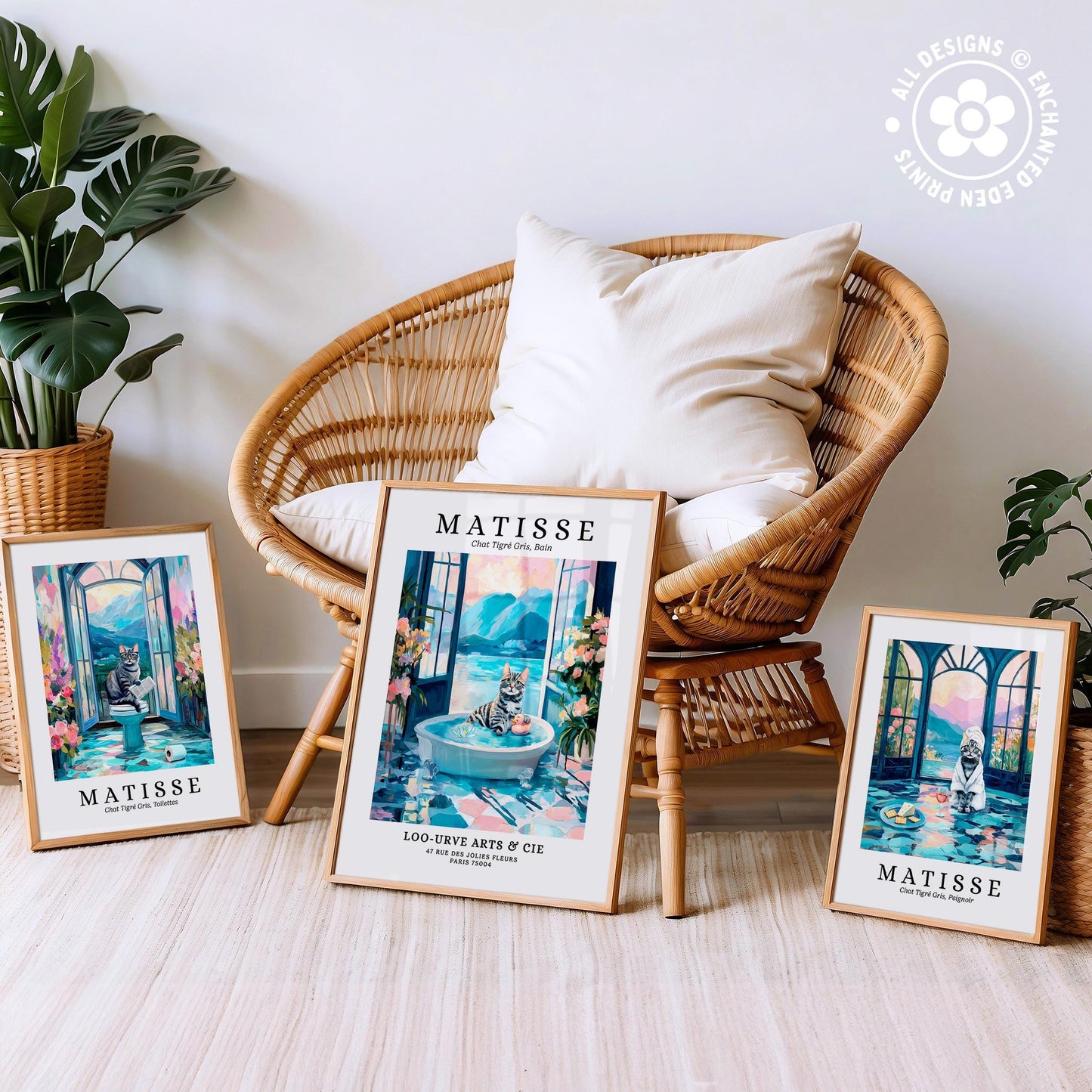 three framed artworks of the famous French artist Matisse, displayed on a wooden floor in front of a wicker chair.