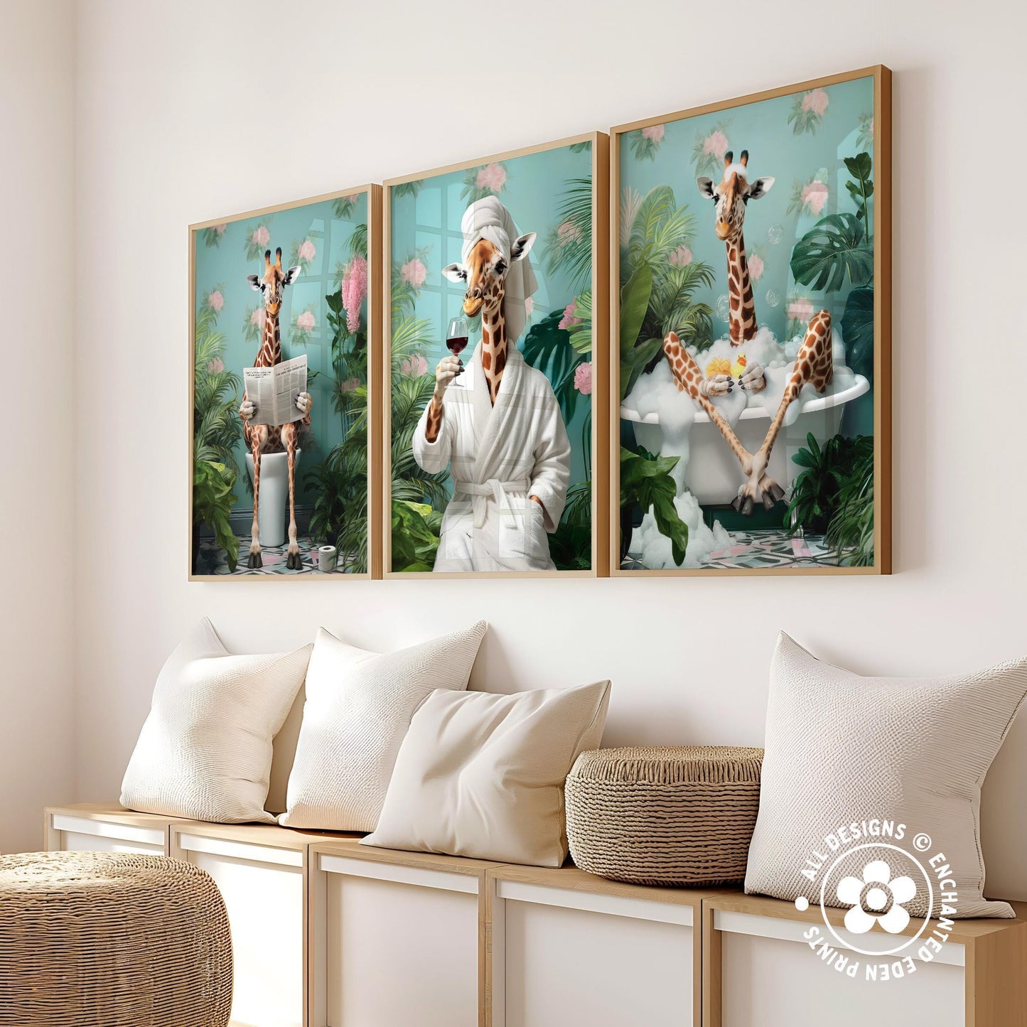 Funny Giraffe in Robe Poster – Tropical Bathroom Wall Art