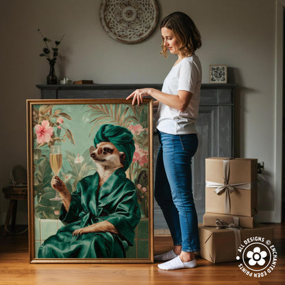A woman stands next to a large painting depicting a meerkat in a green robe holding a champagne glass, with a wooden cabinet and other items in the background.