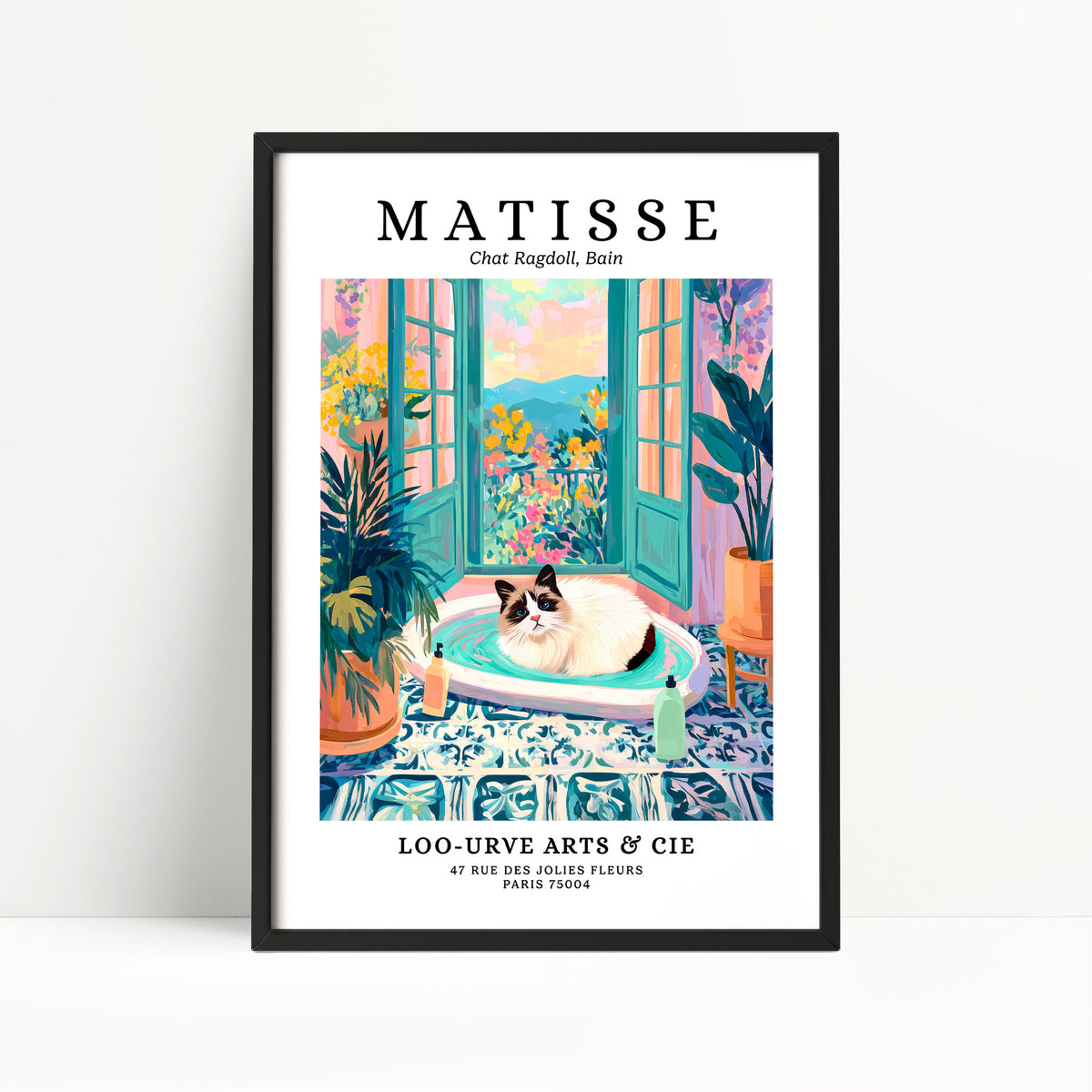 The image is a framed poster featuring an illustration of a cat sitting in a bathtub, surrounded by colorful flowers and plants.