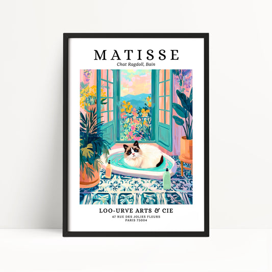 The image is a framed poster featuring an illustration of a cat sitting in a bathtub, surrounded by colorful flowers and plants.