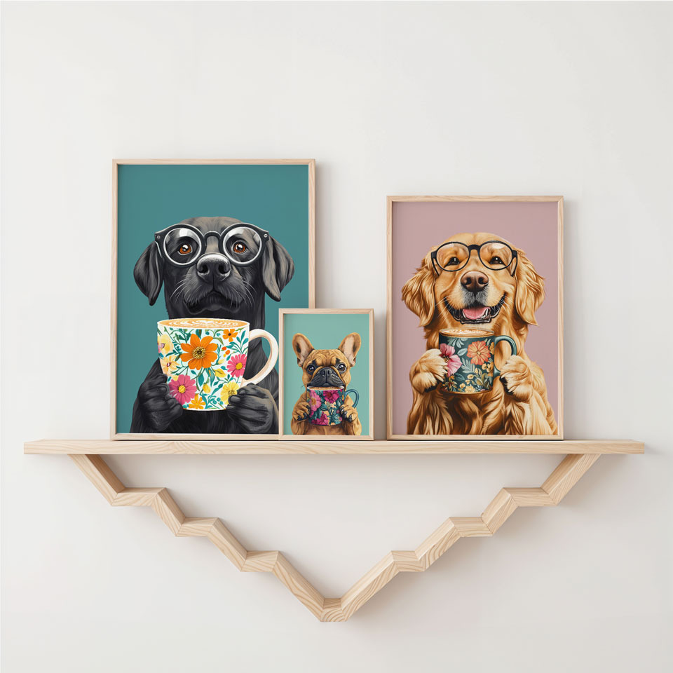 a couple of pictures of dogs on a shelf