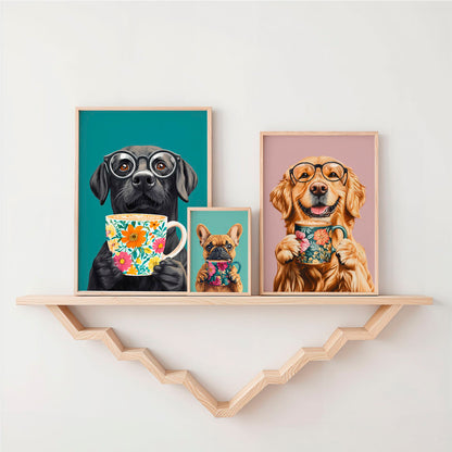 a couple of pictures of dogs on a shelf