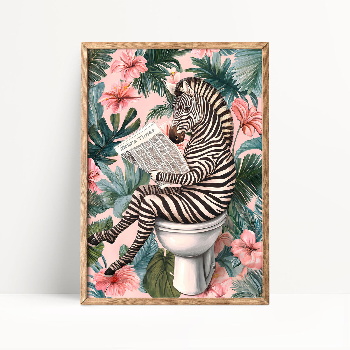 A zebra sitting on a toilet surrounded by tropical foliage and pink flowers, reading a newspaper.