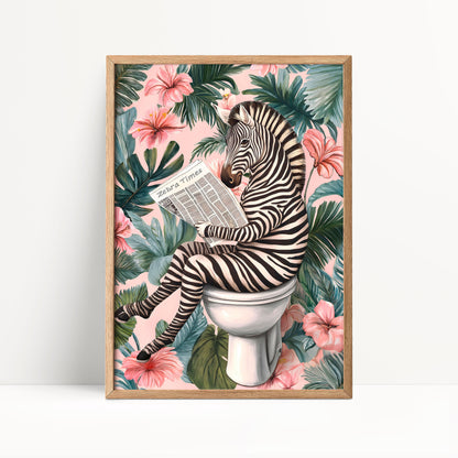A zebra sitting on a toilet surrounded by tropical foliage and pink flowers, reading a newspaper.