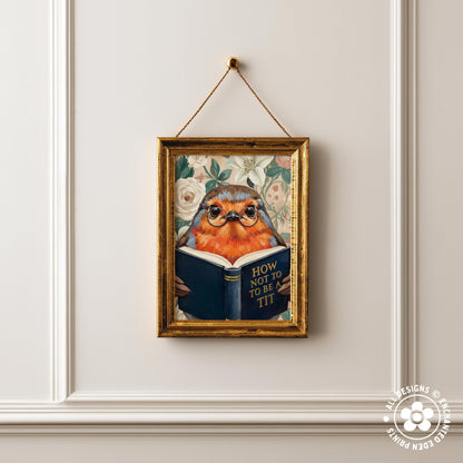 Funny Robin Reading Book Art – Quirky Bird Lover Wall Decor