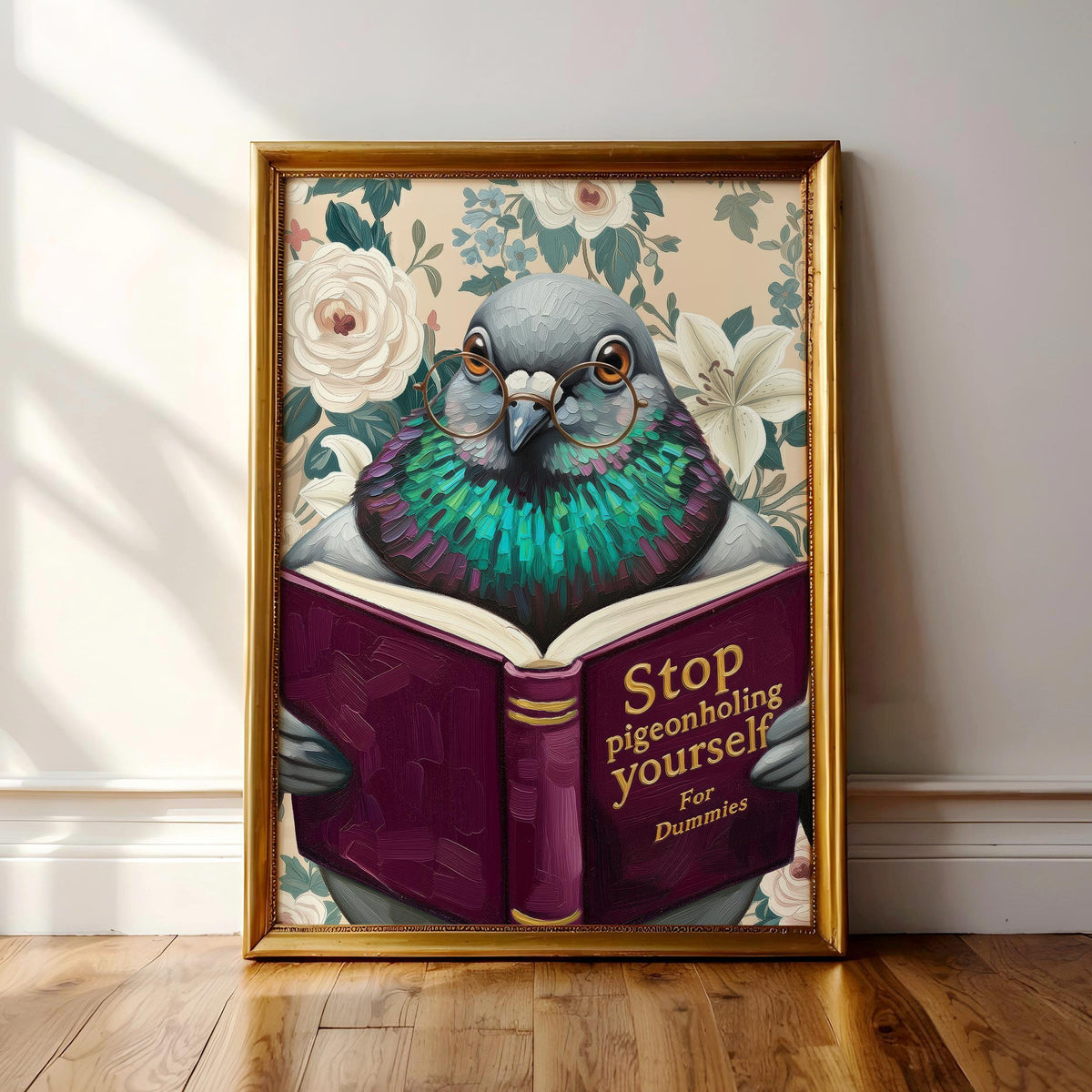 Funny Pigeon Reading Book Art – Quirky Bird Lover Wall Decor
