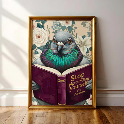 Funny Pigeon Reading Book Art – Quirky Bird Lover Wall Decor