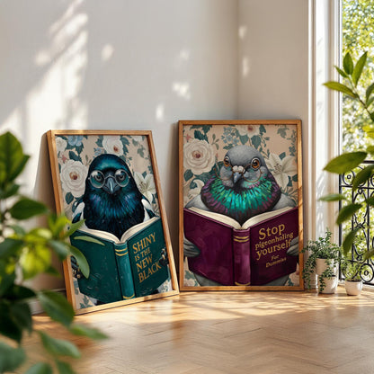 Funny Pigeon Reading Book Art – Quirky Bird Lover Wall Decor