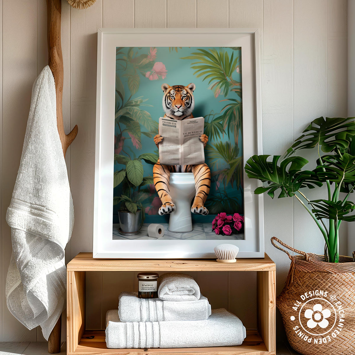 A framed illustration of a tiger sitting on a toilet and reading a newspaper, surrounded by a tropical jungle scene.