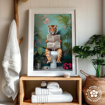 A framed illustration of a tiger sitting on a toilet and reading a newspaper, surrounded by a tropical jungle scene.