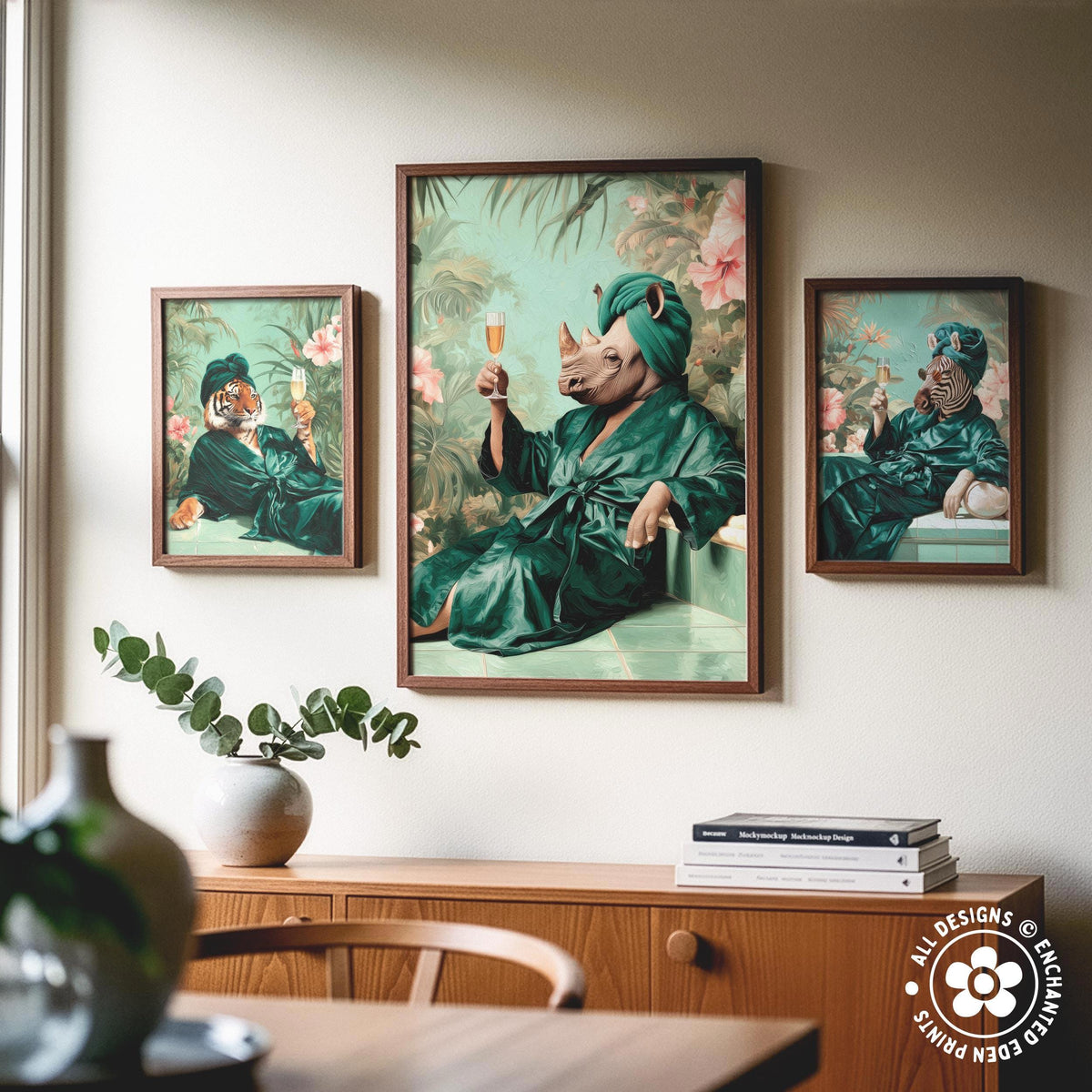 a collage of three framed artworks on a wall, depicting animals in green robes and holding drinks.