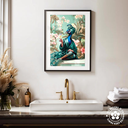 a framed painting of a peacock sitting on a ledge, surrounded by a lush floral background. The painting is hung on a white wall above a white sink with a gold faucet.