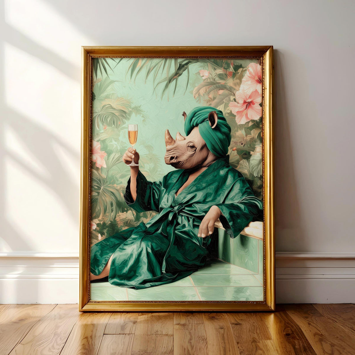 A framed painting depicting a rhinoceros wearing a green bathrobe and holding a glass of wine, set against a tropical background with palm trees and flowers.