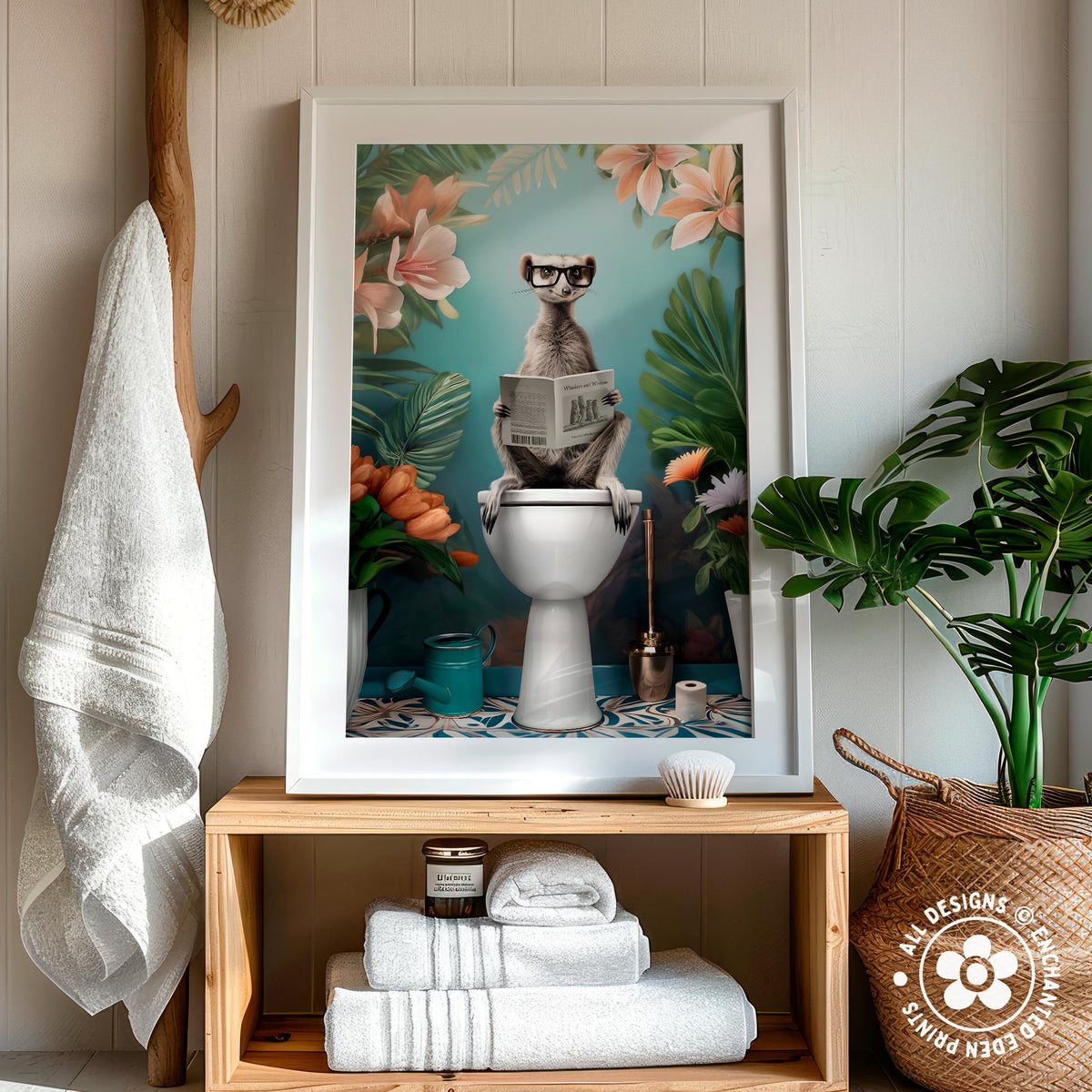 A framed artwork depicting a cat sitting on a toilet and reading a newspaper, surrounded by tropical plants and flowers, with a wooden shelf below displaying folded towels and a woven basket.