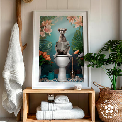 A framed artwork depicting a cat sitting on a toilet and reading a newspaper, surrounded by tropical plants and flowers, with a wooden shelf below displaying folded towels and a woven basket.
