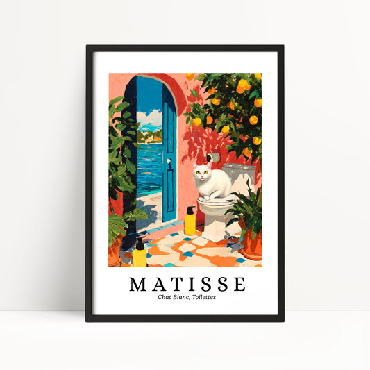 A framed print depicting a colorful and whimsical scene with a cat sitting on a toilet, surrounded by a vibrant garden with orange trees and a blue archway.