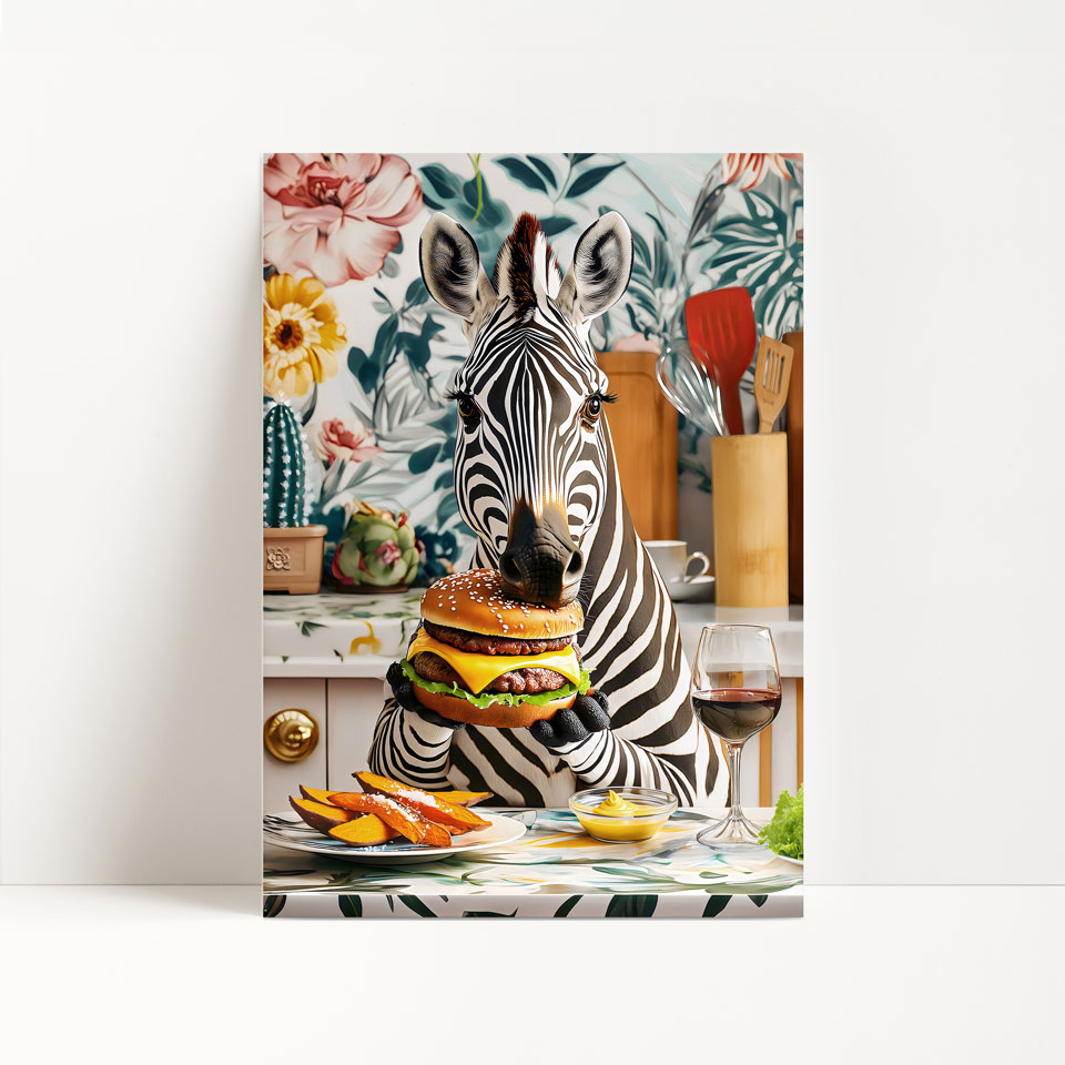 a picture of a zebra eating a hamburger
