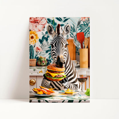 a picture of a zebra eating a hamburger