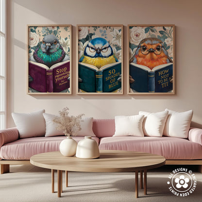 Funny Blue Tit Reading Book Art – Quirky Bird Lover Wall Decor