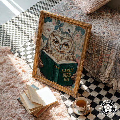 Funny Owl Reading Book Art – Quirky Bird Lover Wall Decor