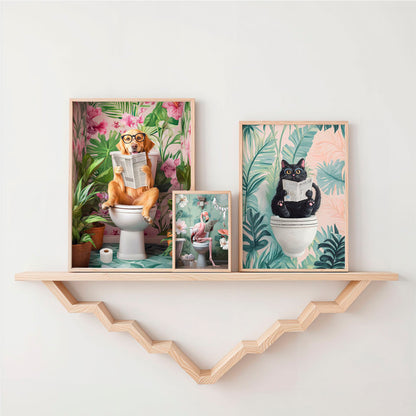 a shelf with three pictures of animals on it