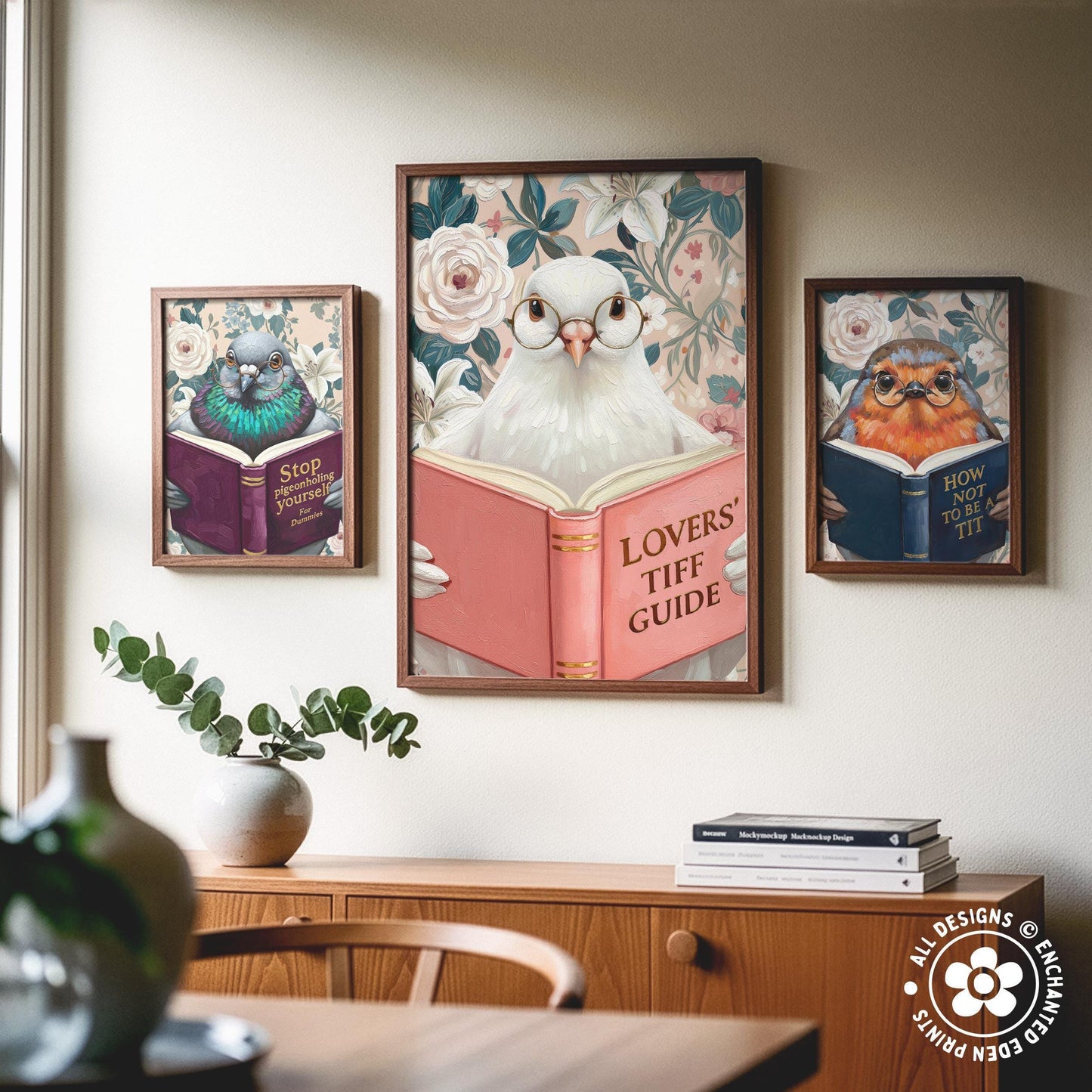 Funny Dove Reading Book Art – Quirky Bird Lover Wall Decor