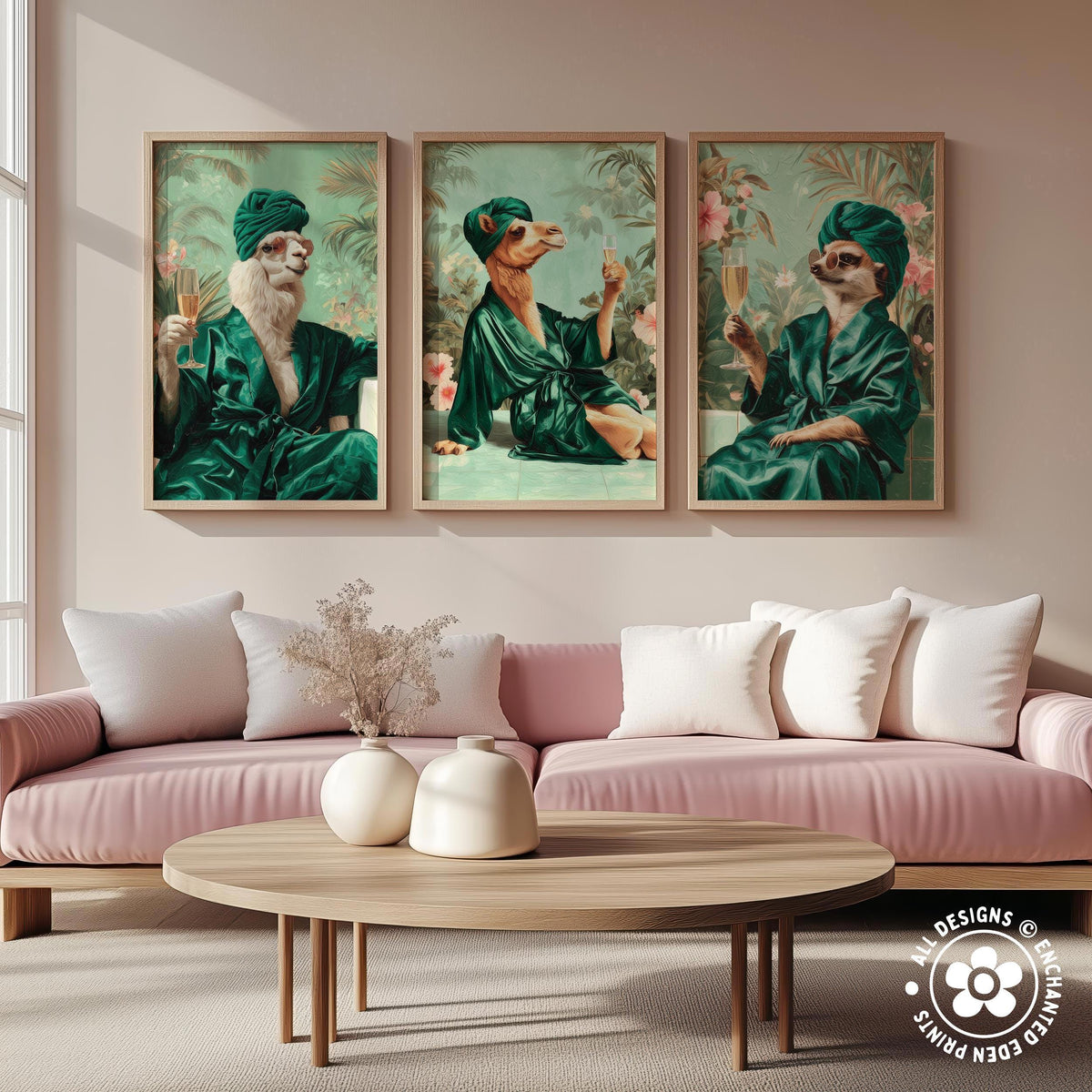 a cozy living room with a pink sofa, a wooden coffee table, and three framed pictures of animals wearing green robes and hats.
