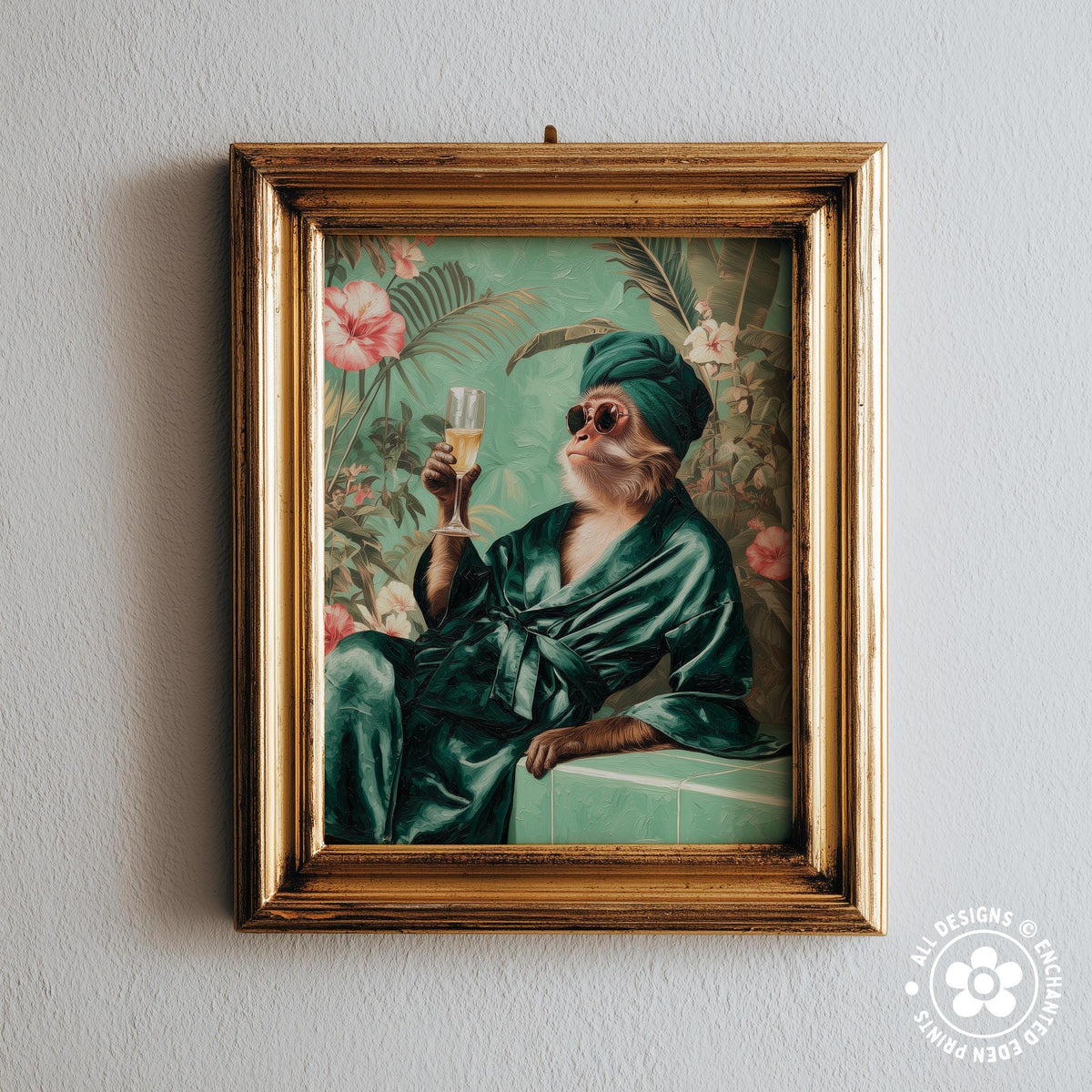 A framed painting depicting a monkey wearing a green robe and holding a glass of champagne, surrounded by tropical foliage.
