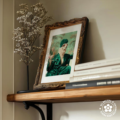 a wooden shelf with a framed painting of a person wearing a green robe, a vase of white flowers, and a stack of books.