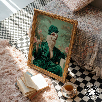a framed painting of a person wearing a green robe and a turban, sitting on a bed and holding a book. There are also some books and a cup of tea nearby, creating a cozy and relaxing atmosphere.