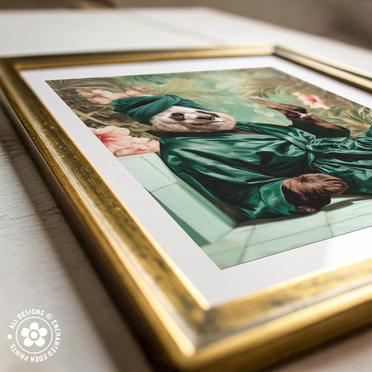 a close-up of a framed painting depicting a panda bear wearing a green robe and holding a flower.