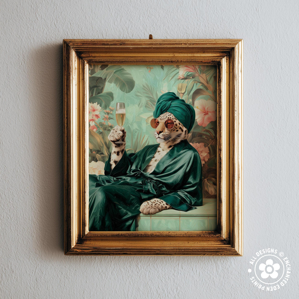 A framed print depicting a leopard wearing a green robe and holding a glass of champagne, set against a tropical background.