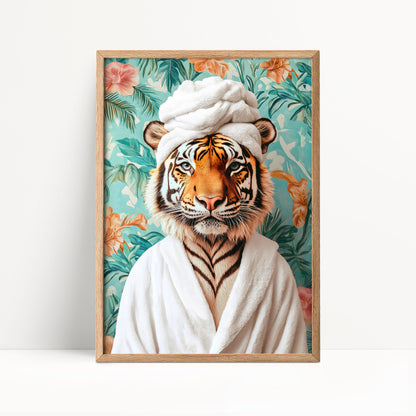 A framed print depicting a tiger wearing a white bathrobe and a white headband, set against a tropical floral background.