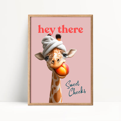 A giraffe wearing a towel and holding a peach, with the text "hey there Sweet Cheeks" displayed above it.