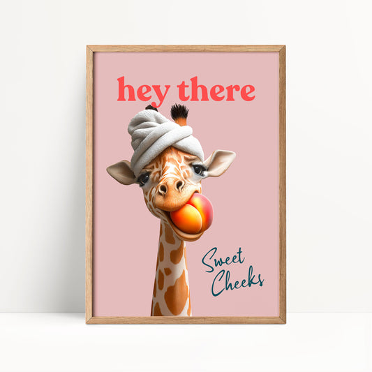 A giraffe wearing a towel and holding a peach, with the text "hey there Sweet Cheeks" displayed above it.
