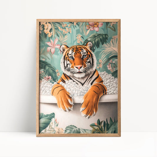 A framed print depicting a tiger sitting in a white vase filled with flowers, surrounded by lush greenery.