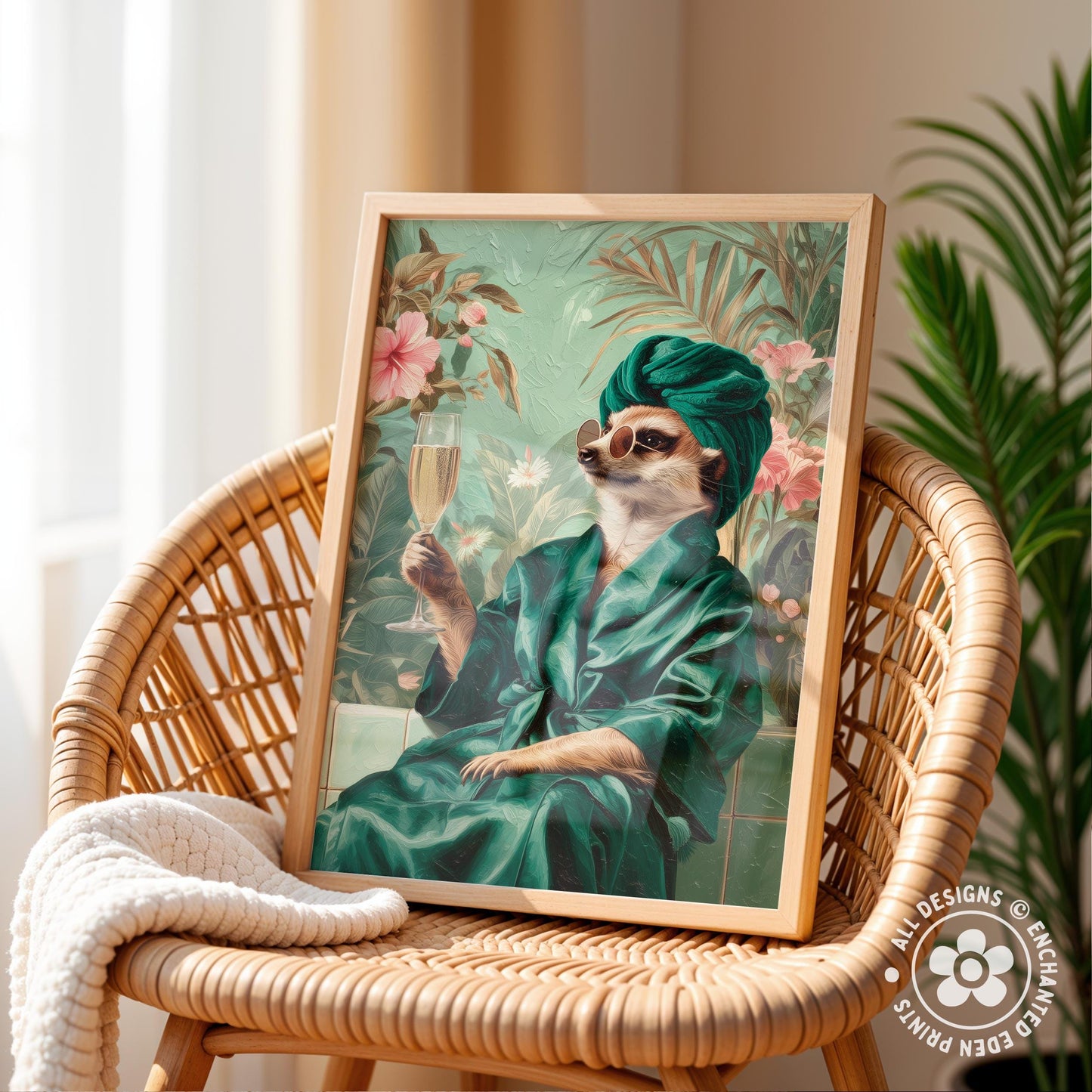 A framed painting depicting a cat wearing a green bathrobe and holding a glass of champagne, with a tropical background.