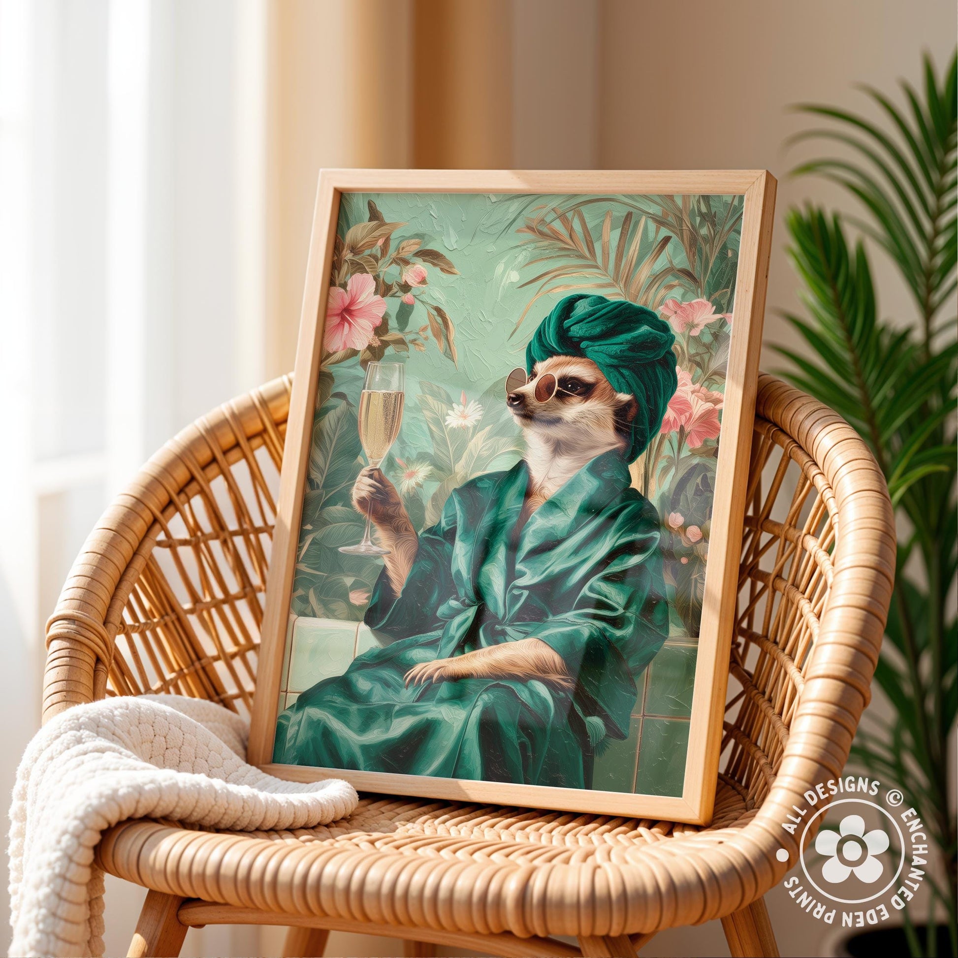 A framed painting depicting a cat wearing a green bathrobe and holding a glass of champagne, with a tropical background.