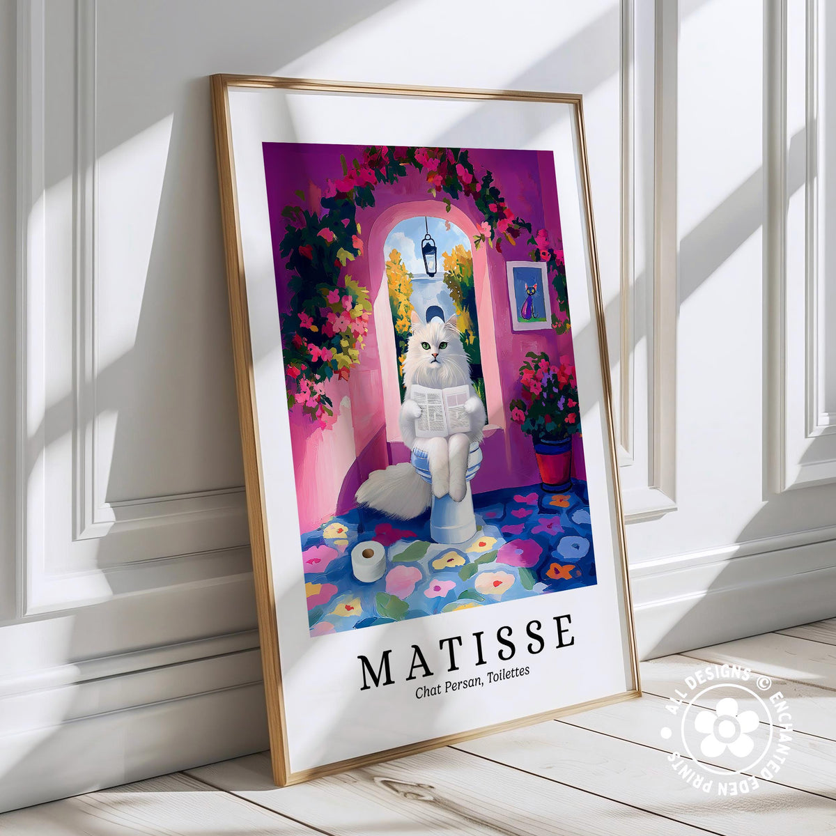 The image is a framed poster featuring a whimsical painting of a cat sitting on a toilet in a colorful, artistic style reminiscent of the famous French artist Matisse.
