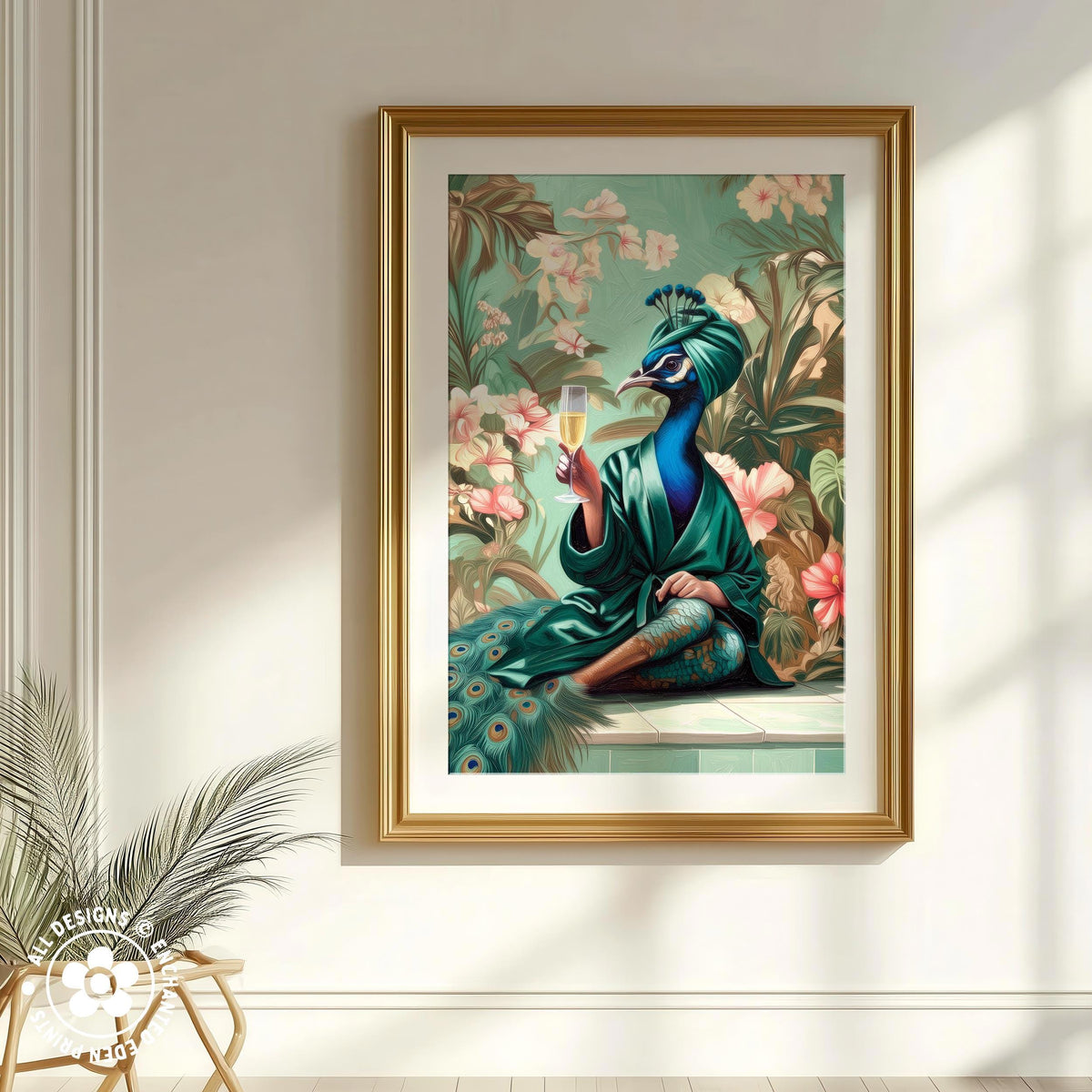 A framed painting depicting a peacock wearing a green robe and holding a glass of champagne, surrounded by a lush floral background.