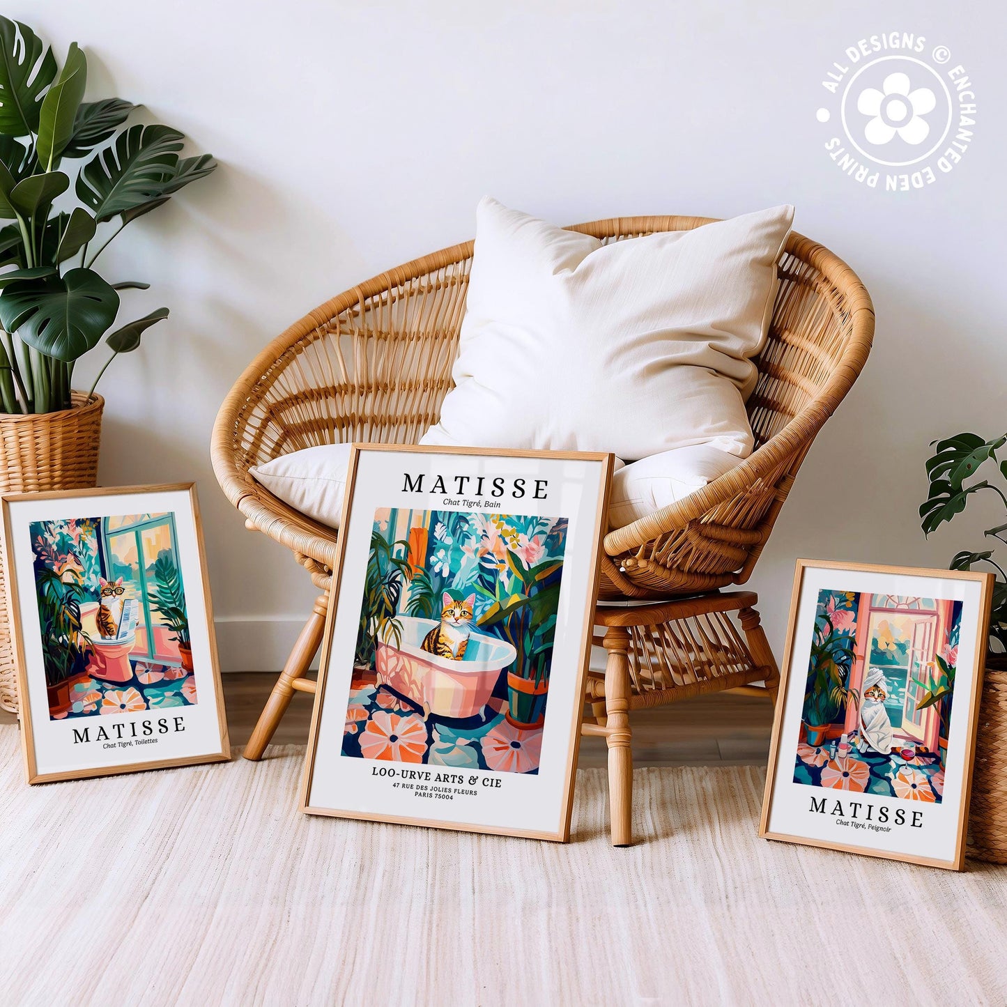three framed prints of the famous painting "Matisse" by the artist Jean-Michel Basquiat, displayed on a white floor in front of a wicker chair.