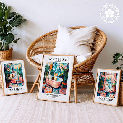 three framed prints of the famous painting "Matisse" by the artist Jean-Michel Basquiat, displayed on a white floor in front of a wicker chair.