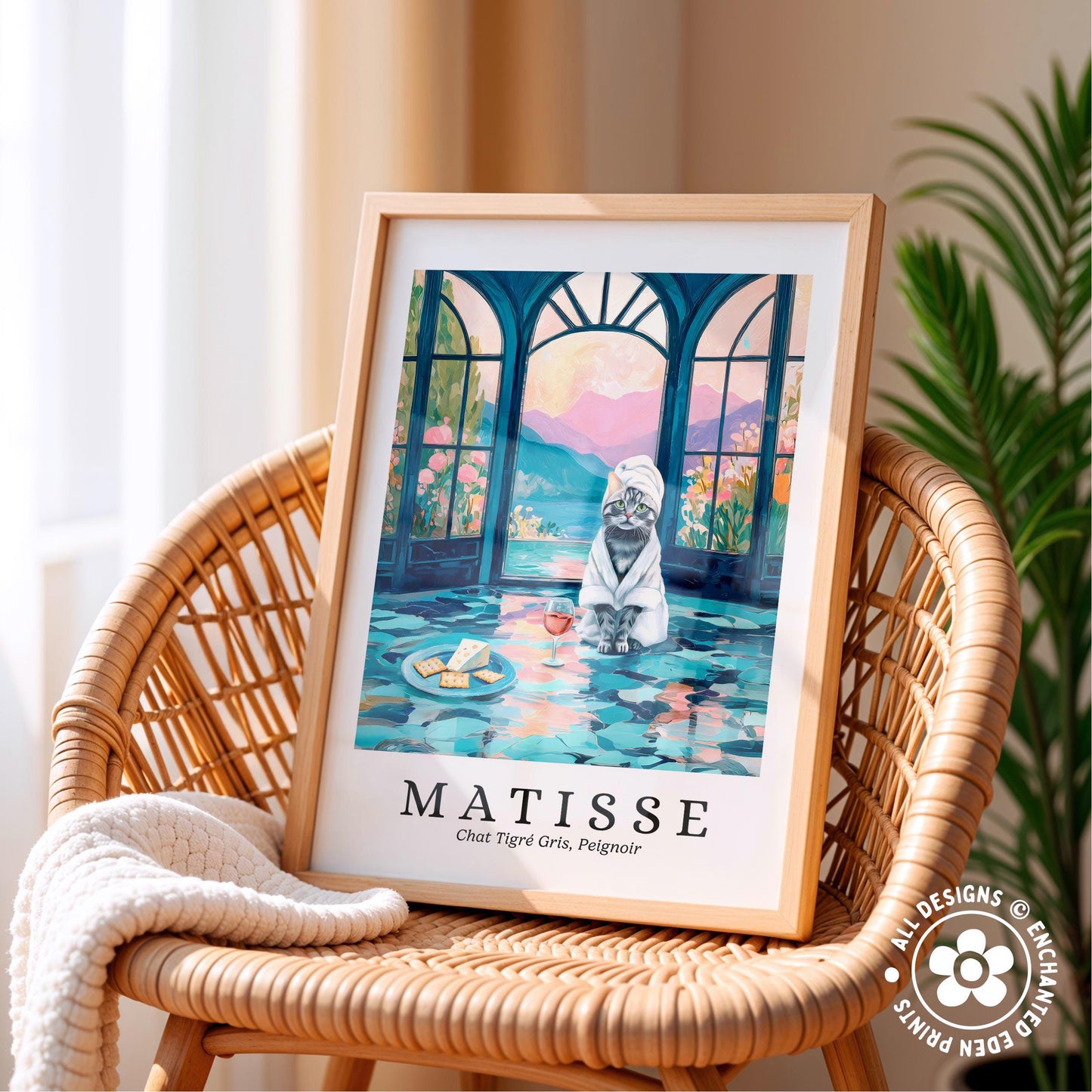 A framed print of an illustration depicting a cat in a room with a window, a vase of flowers, and a painting of a landscape.