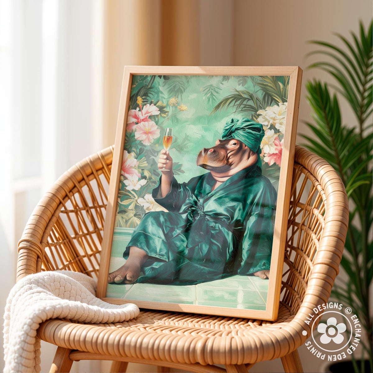 a framed painting of a person in a green robe sitting on a bench, holding a glass of wine.