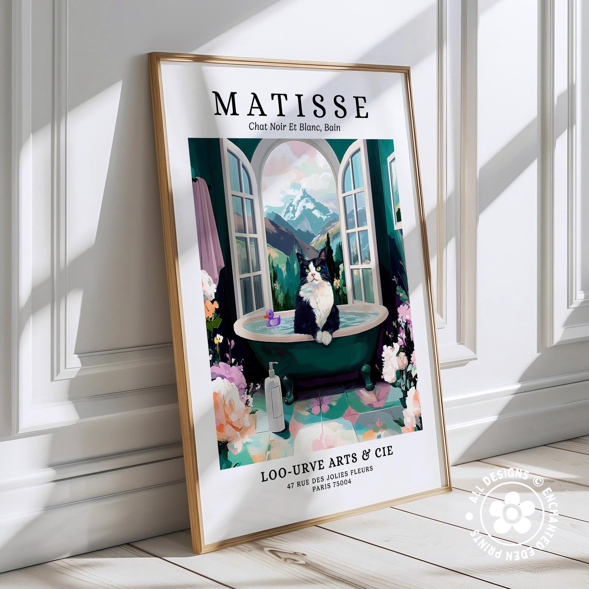 The image is a framed poster featuring an illustration of a cat sitting in a bathtub, surrounded by flowers and a scenic landscape.